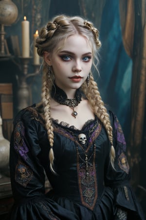 medium long shot of 1girl, a beautiful rococo gothic witch. lshe has soft wavy blonde hair elaborate braids and buns, big round beautiful eyes. dark gothic make-up. smooth perfect skin, beautiful full lips. she has a warm, welcoming smile. she is resplendent in a beautiful gothic witch dress adorned with intricate embroidery rich colors of purples golds blue and black luxurious fabrics like silk and velvet. the detailed background is of her rococo witches lair of ancient leather books, spellbooks, potions, candles, crystal ball, skull. she is powerful and benevolent, a healer of the highest order. ,hubggirl