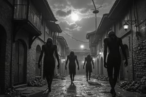 long shot, full body shot, a realistic, detailed, photograph, b&w black and white photo, showing a group of large giant demonic, horrific, scary, beings, entities about 12 feet tall, long hands, long fingers, with sharp claws. they are walking and floating floating down an abandoned cobblestone street in an abandoned middle ages town. all of the demonic entities are evil, scary and meanacing. the houses in town are shuttered, lanterns with lit candles, dark storm, night time, clouds in the sky, rain falling, windy, very dark night time sky, full moon partially obscured by dark clouds,
