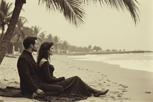 long shot, a realistic, detailed, photograph, b&w black and white sepia photo, showing a beautiful southern california beach in the 1950's. a modern gothic man and woman, in full black gothic attire, are sitting on a black blanket at the beach under a palm tree. the atmosphere is eerie and strange.