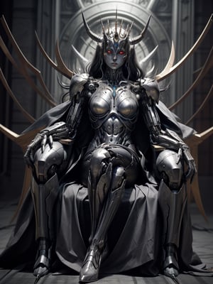 portrait of a cyborg android demon queen, pure evil, glowing red eyes, full body shot, very long talons on her hands, razor sharp mecha metal wings on fire and glowing, metal horns, fierce, detailed background of the queen sitting on a metal, gieger throne android throne room with a mecha gargoyle standing next to the queen, full body,cyborg