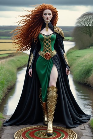 cinematic, dynamic full body extreme long shot of Cartimandua, queen of the British Celtic Brigantes ad 51. a fusion of elaborate rococo, ancient english, english celtic gothic punk. she has very long copper curly big hair. she has round large big green eyes. light freckles on her face. she wears an elaborate ancient wool celtic floor length dress in colors of ivory, red, gold, black, gold celtic torc neck ring around her neck, long black wool cape fastened with a large gold celtic brooch. black leather boots. she walks next to her horse on the banks of the ure river, yorkshire, england. perfect female anatomy, goth person, pastel goth, dal, Gaelic Pattern Style, Cartimandua