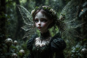 long shot, side view, Create an image of a doll-like figure with large detailed vivid green eyes and pale porcelain face wearing an elaborate gothic outfit. she is a gothic fairy with translucent wings, walking through a garden of dark flowers and glowing orbs, illuminating the night with her ethereal presence. hands down at her sides. 
