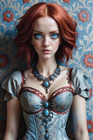 combine all of the below to make a beautiful woman, red hair, light blue eyes, wearing an elaborate, necklace, jewelry, corset, hayv kahraman style, background of vivid william morris wallpaper