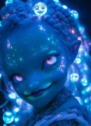 close up portrait (sacred night and elf puppet),(ultra-fine HDR), extremely delicate and beautiful girl with white traslucent opalescent skin, closed mouth sweet smile, glowing intricate round human detailed eyes, glowing tattoos on face, glowing floating translucent orbs, blue hair in elaborrate braids and buns 