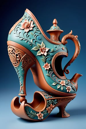 digital art, 8k,  picture of one high heel woman's shoe, made of Yixing clay, with a yixing teapot-style intricate pattern, whimsical, side view of shoe beautiful, highly detailed, whimsical, fantasy,,more detail XL