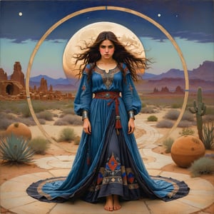 side view, full body portrait, the magic circle john william waterhouse, pre-raphaelite, a beautiful witch with jet black long hair and an elaborate pre-raphaelite gown embroidered with magical symbols is standing in the middle of a large magic circle. her hands have twelve fingers. the detailed background is of a desert, with desert hills behind her. the witch is looking at the ground and she has an intense focused facial expression. there is a full moon in the sky. john william waterhouse, pre-raphaelite