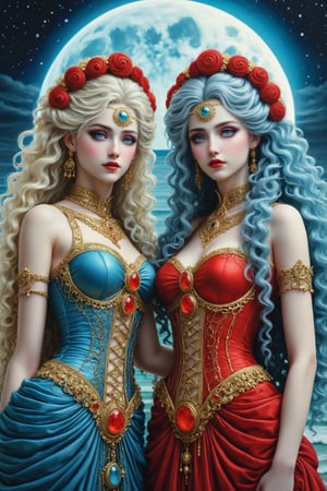 middle shot, cinematic, dynamic, realistic portrait of two beautiful ancient priestesses. side by side, looking at each other. not looking at camera. they are embracing. a fusion of elaborate rococo, ancient roman, ancient european gothic punk. one has long curly blue hair and blue eyes and wears an outfit in blue. the other has light blond straight long hair and wears a red outfit. both outfits are elaborate priestess outfits. bejewelled. a detailed background of an ocean beach at night, dark sky, full moon, perfect female anatomy, goth person, pastel goth, dal, Gaelic Pattern Style, middle shot, cinematic, dynamic