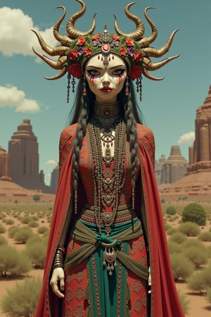 Create an alien female gypsy with an ornate landscape