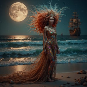 full body shot, long shot, side view, nighttime full moon, cinematic masterpiece, 8k, hdr, best quality, (highly detailed), photography, real life, extremely beautiful, ethereal, ocean witch standing on the beach, gorgeous face, beautiful smile, extremely long head to toe length big curly vivid red hair, irridescent, shiny, shimmer colorful elaborate witch outfit. blue green ocean water, bioluminescent algae glowing in the ocean waves, seashells, starfish, seaweed, scattered on the sand, large wooden pirate ship far in the distance on the ocean. perfect female anatomy, 