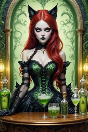 full body shot, a beautiful stunning cat woman, she stands at a french absinthe bar at night. bottles of absinthe and a glass of green absinthe is on the table in front of her. her beautiful outfit is a fusion of elaborate rococo, high fashion gothic, brocade rich fabrics, rich colors. she has large, round cat eyes. vivid very long red hair, cat ears,  perfect female anatomy, goth person, pastel goth, dal, Gaelic Pattern Style,