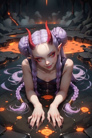 score_9, score_8_up, score_7_up, albino demon girl, looking at viewer, dark background, (submerged), floor, long dark purple hair in braids and buns, red eyes, through floor, (glowing eyes:0.4), fog, ((hand on floor, lava, head tilt)), leaning, skinny, (glaring:0.5), naughty face, mischevious wicked smile long pointy black nails, horns,  jewelry, chromatic aberration,
