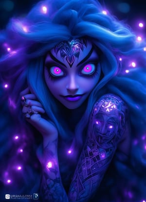 portrait dynamic pose, (sacred night and elf puppet),(ultra-fine HDR), extremely delicate and beautiful girl with translucent opalescent skin, closed mouth, glowing intricate round human detailed eyes, long vivid purple hair, glowing tattoos on face, 