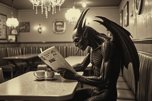 long shot, full body shot, side view. a realistic, detailed, photograph, b&w black and white sepia photo, showing a demon, horrific, scary demon, demon wings, long hands, long fingers, with sharp claws, demon wings. the demon is sitting in a booth at a table in a 1950's american diner drinking coffee and reading the newspaper. the atmosphere is eerie and strange.