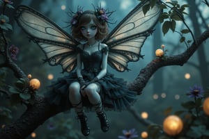 long shot, a beautiful doll-like gothic fairy girl with large detailed eyes and pale porcelain face and translucent wings. she wears an elaborate gothic fairy outfit and she sits on a tree limb, legs dangling in front of her in a garden of dark flowers and glowing orbs, illuminating the night with her ethereal presence.