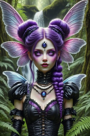 cowboy shot, action shot. cinematic, dynamic, realistic portrait of a dark magical female fairy. a fusion of elaborate rococo, futuristic gothic fairy Victorian punk. she has long vivid purple hair in elaborate braids and buns. vivid mesmerizing purple eyes. large iridescent glittery fairy wings. she has a mischievous smile. she hlows within. a detailed background of an ancient forest, lush, exotic flowers, ferns, trees, waterfall, mushrooms. perfect female anatomy, goth person, pastel goth, dal, Gaelic Pattern Style, cowboy shot, action shot. cinematic, dynamic