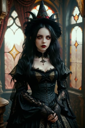 1girl,solo,full body shot of a witch gothic lolita  princess, in victorian inspired witch Lolita fashion. gown, pointy witch hat, with intricate arabesque patterns, elaborate velvet corset-style bodice. extremely long jet black hair with red streaks. Large expressive yellow eyes, pale skin,  Opulent witch lair backdrop with arched windows, silk curtains. Soft, dreamy lighting. Blend of kawaii, gothic, royal, and Arabian Nights aesthetics