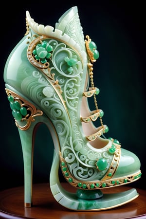 digital art, 8k, picture of a high heel woman's shoe, the shoe is carved out of jade, extravagant, whimsical, side view of shoe beautiful, highly detailed, whimsical, fantasy, ,more detail XL
