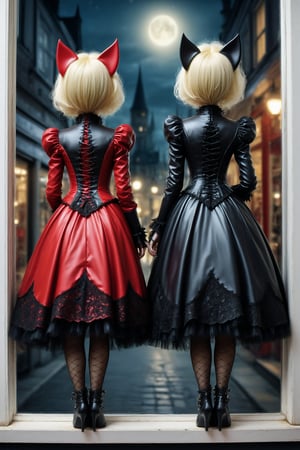 full body shot, action shot, beautiful stunning cat woman sisters, they stand together looking through the window of  a city costume shop at night. rear view, looking away from the camera. a fusion of elaborate gothic, punk rococo, gothic, lolita and punk. they have large, round cat eyes. elaborate gothic make-up, cat ears, (((one sister has vivid red hair, the other sister has blonde hair with black streaks))) perfect female anatomy, goth person, pastel goth, dal, Gaelic Pattern Style,