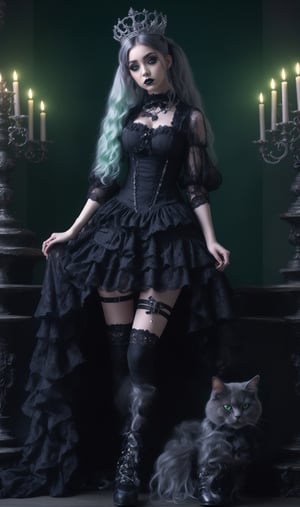 photorealistic concept art, 1girl, irish Young girl, black long hair, messy hair, elaborate hair, hair buns, serene expression on face, dark eye make up, elaborate outfit, intricate princess crown on head, pastel gothic Fashion Girl,Grunge-Lolita Fashion, girly pastel lace blouse, high heel embroidered silk intricate thigh high boots,The ethereal glow, metallic accessories, and moody atmosphere create a mystical aura,
Gothic Lolita long lace Skirt, her look exudes dark glamour,natural volumetric cinematic perfect light,pastelbg,pastel goth, intricate background, candles, realistic large gray cats with fluffy grey long hair with glowing green eyes at the girl's feet,