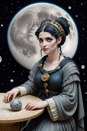 Cinematic scene - close up shot of Hypatia of alexandria, mathematician, astronomer, and philosopher in ancient Alexandria in a fusion of rococo, greco-roman and gothic punk. she has jet black hair in elaborate braids and buns.  she has round large big copper eyes, she has a benevolent smile and intelligence emanates from her. she wears a typical "philosopher's cloak" a Ionic chiton or doric chiton, and roman sandals on her feet. she is facing away from the viewer looking up at the night sky with a full moon and stars in ancient alexandria egypt. next to her on an ancient roman table sits an astrolabe (hand-held model of the universe used for solving astrological calculations) and papyrus scrolls. she is an astronomer and teacher. perfect female anatomy, goth person, pastel goth, dal, Gaelic Pattern Style, 