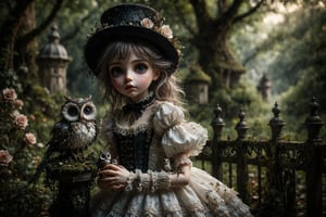 llong shot, side view, Create an image of a doll-like figure with large detailed eyes and pale porcelain face. In a magical realm where whimsy meets gothic charm, a playful girl with messy hair and a top hat sits on a fence, her fluffy owl companion by her side, embodying enchantment in a kaleidoscope of color. full body shot. (((perfect hands))) (((perfect fingers)))