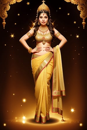 full body shot, Lakshmi is a Hindu goddess of prosperity and wealth, elaborate and intricate indian female costume in colors of red and gold, she is wearing elaborate gold necklaces earrings rings on her fingers and bangles on her arms, gold nose ring, serene beautiful face, Lakshmi is surrounded by lotus flowers, she is glowing, illuminated, a holy goddess, with an elaborate gold crown, detailed background of the heavens, clouds stars, ,Detailedface,1girl,Masterpiece,Saree, full body,realhands,Indian,1 girl