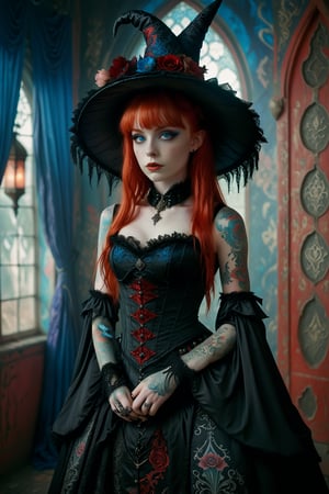 1girl,solo,full body shot of a victorian princess, in victorian inspired witch Lolita fashion. gown, pointy witch hat, sleeveless elaborate brocade patterned silk corset-style bodice. extremely long vivid red hair and bangs. Large expressive blue eyes, pale skin,  symmetrical floral intricate tattoos on both shoulders and arms, Opulent witch lair backdrop with arched windows, silk curtains. Soft, dreamy lighting. Blend of kawaii, gothic, royal, and Arabian Nights aesthetics