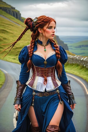 waist up shot wide view. by john william waterhouse, pre-raphaelite, a beautiful steampunk slim, tall young woman walking on a winding road in the green hills of ireland. she has  long vivid red hair in elaborate braids and buns. she wears an elaborate steampunk victorian outfit in colors of black and royal blue, long steampunk earrings, elaborate steampunk necklaces, corset, high low skirt, jacket, and boots. john william waterhouse, pre-raphaelite, perfect female anatomy.