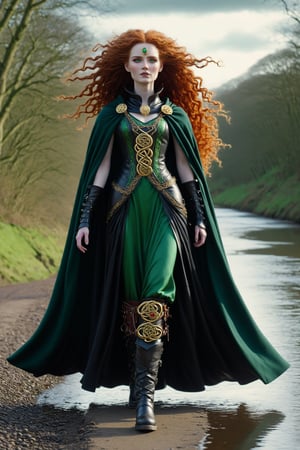 cinematic, dynamic pose 3/4 shot of Cartimandua, queen of the British Celtic Brigantes ad 51. a fusion of elaborate rococo, ancient english, english celtic gothic punk. she has very long copper curly big hair. she has round large big green eyes. light freckles on her face. she wears an elaborate ancient wool celtic floor length dress in colors of ivory, red, gold, black, gold celtic torc neck ring around her neck, long black wool cape fastened with a large gold celtic brooch. black leather boots. she walks next to her horse on the banks of the ure river, yorkshire, england. perfect female anatomy, goth person, pastel goth, dal, Gaelic Pattern Style, cinematic, 3/4 shot dynamic pose. 3/4 shot, Cartimandua