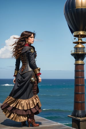 side view, wide view long shot. by john william waterhouse, pre-raphaelite, a beautiful steampunk slim, tall young woman standing on  wooden pier next to the ocean. she has curly long jet black hair blowing in the wind. she wears an elaborate steampunk victorian outfit, long steampunk earrings, elaborate syeampunk necklaces, jacket, cloak and boots. in the background is a steampunk lighthouse, in the sky are a steampunk hot air balloon and steampunk airship. john william waterhouse, pre-raphaelite, perfect female anatomy.