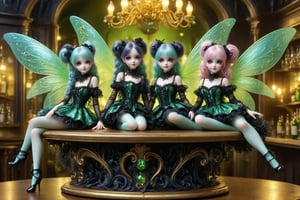 full body shot, long shot of several beautiful stunning miniature magical fairy women fly, sit, and stand on a bar table in an elaborate french absinthe bar. fancy decorative glass bottles of vivid green absinthe and glasses of green absinthe laid out on the bar table. the fairies are about 20 inches tall, have mischevious smiles. gossamer glittery irradescent fairy wings, their fairy outfits are a fusion of elaborate rococo, high fashion gothic, brocade rich fabrics, rich colors. they have large, round eyes. long pastel curly hair in twin tails, buns, braids fringe and bangs. perfect female anatomy, goth person, pastel goth, dal, Gaelic Pattern Style,