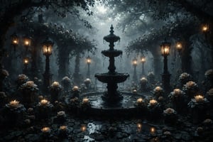 A mystical garden with black roses and a fountain, illuminated by eerie lanterns that cast a soft glow over the dark blooms, creating an enchanting yet unsettling scene.
