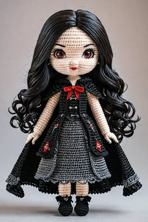 a cute vampire girl, wearing a vampire cape and black dress, jet black long hair, detailed textures, ultra sharp, crocheted
