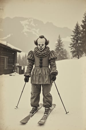 long shot, a realistic, detailed, photograph portrait, b&w black and white sepia photo, the evil clown pennywise is on skis son a snowy hill in the alps. snow is falling from the sky. the atmosphere is eerie and strange.