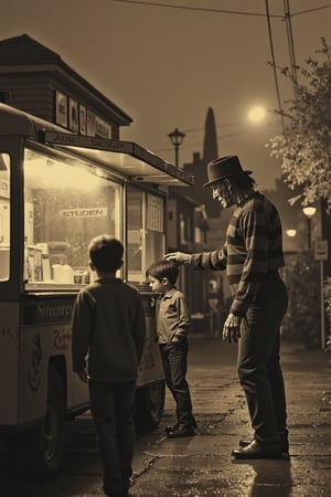 long shot realistic, detailed, photograph, b&w black and white sepia photo of Freddy Krueger selling ice cream in an ice cream truck to children in the neighborhood. the atmosphere is eerie and strange.