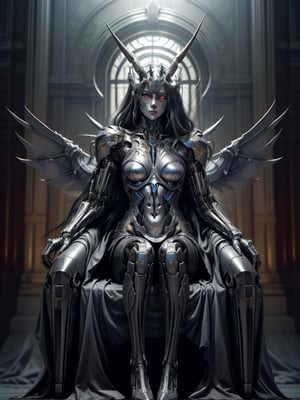 portrait of a cyborg android demon queen, pure evil, full body shot, very long talons on her hands, razor sharp mecha metal wings on fire and glowing, metal horns, fierce, detailed background of the queen sitting on a metal, gieger throne android throne room, full body,cyborg