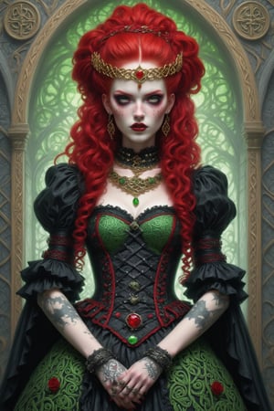 maeve irish celtic warrior queen, a fusion of elaborate rococo celtic punk fashion and edgy elements of elegant ancient celtic irish gothic punk, maeve has vivid red hair, she wears an elaborate gown with celtic punk-inspired details and gothic accessories in colors of red, gold, green, black. irish gothic crown, goth person,pastel goth,dal,GaelicPatternStyle