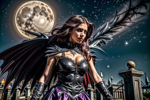 High definition vivid masterpiece, a beautiful vampire woman, elaborate spikey super long, messy purple hair, blowing hair, red glowing big detailed eyes, large tattered devil wings, realistic, steampunk, night time, in front of a gothic castle, gravestones, full moon, starry sky, dreamy, fantasy, mythical, magical, steampunk mechanical glowing full moon, light shafts, detailed background, boots, full body,horror,Makeup,Masterpiece, full body,realistic