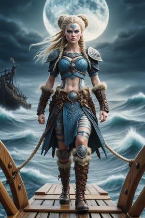 full body long shot, dynamic, cinematic of Freydís Eiríksdóttir, Icelandic female warrior and explorer. a fusion of elaborate rococo, ancient iceland, icelandic viking gothic punk. she has very light blond hair in elaborate braids and buns. she has round large big blue eyes. she has ancient viking warpaint on her face, she wears an elaborate ancient viking outfit, she stands on the deck of her viking ship sailing in stormy seas, waves, nigh, full moon, perfect female anatomy, goth person, pastel goth, dal, Gaelic Pattern Style, full body long shot, cinematic, dynamic