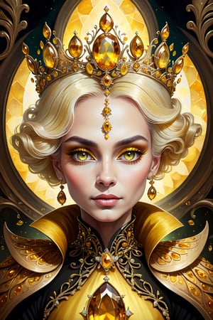 digital art, portrait of The Queen of citrine, 8k, citrine colored hair, citrine colored eyes, adorned in citrines citrine,  beautiful, highly detailed, whimsical, fantasy, 