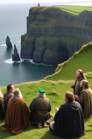 very detailed scene of saint patrick  speaking to a small group of ancient celts, the scene is on the cliffs of moher, 