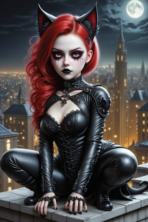 full body shot, action shot, a beautiful stunning cat woman, she crouches down on the edge of a roof of a high rise buliding at night getting ready to jump, looking away from the camera, side view, a fusion of elaborate gothic, punk rococo, gothic, lolita and punk. she has large, round cat eyes. vivid very long red hair, she has elaborate gothic make-up, cat ears,  perfect female anatomy, goth person, pastel goth, dal, Gaelic Pattern Style,