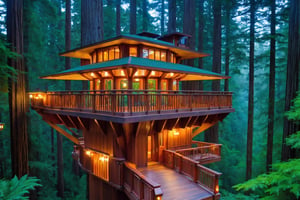 long shot ((masterpiece)), (((best quality))), ((ultra-detailed)), beautiful elaborate realistic ifrank lloyd wright  treehouse deep in a lush green redwood forest,  the tree house is spacious, gorgeous frank lloyd wright style architecture, there is a large wooden deck around the perimeter of the treehouse, shafts of light shine through the canopy, night time scene, full moon, lit lanterns,,,aw0k euphoric style,aw0k euphoricred style, long shot from above looking down
