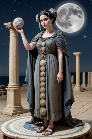 Cinematic scene - long shot of a 40-year old Hypatia of alexandria, mathematician, astronomer, and philosopher in ancient Alexandria in a fusion of rococo, greco-roman and gothic punk. she has jet black hair in elaborate braids and buns. she has round large big copper eyes, she has a benevolent smile and intelligence emanates from her. she wears a modest floor length "philosopher's cloak" a Ionic chiton or doric chiton, and roman sandals on her feet. she is facing away from the viewer standing next to a large ancient wooden table outside under the night sky with a full moon and stars in ancient alexandria egypt. on the table sits a large illustrated astronomical astrological map and a pile of papyrus scrolls. she holds a small replica of the moon in one hand, astrolabe in the other hand. she is an astronomer and teacher. perfect female anatomy, goth person, pastel goth, dal, Gaelic Pattern Style, Cinematic scene - long shot