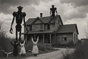 full body shot, a realistic b&w black and white photo from the depression era, united states, 1929 to 1939, showing an old run down dilapidated farmhouse, two large demonic being, entities about 9 feet tall, long hands, long fingers, with sharp claws, one standing on the road next to the house the other sitting on the roof of the house, both entities are evil, scary and meanacing. a group of young children in old halloween costumes, about 3-4 feet tall, their backs to viewer, are standing in front of the demons, raised hands worshipping them. carved halloween pumpkins, black candles, dark storm clouds in the sky, cloudy day, dark sky, 