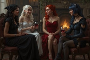 a beautiful young female witch with long curly black hair, pointy witch cap, witch outfit, beautiful young ghostly woman with white hair, the whitest pale skin, white dress, beautiful female vampire with vivid big long red hair, big red lips wearing a red victorian inspired velvet corsett dress, and beautiful cat woman, with cat ears and short blunt cut blue hair with bangs wearing a skin tight dark blue leather body suit are sitting together in an elaborate victorian house, in the living room sitting in front of a fire on chairs and couches, drinking wine, laughing and talking with each other. perfect anatomy, perfect hands, perfect faces.