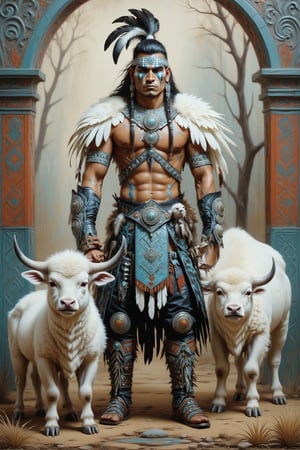 full body shot, a handsome, fierce native american indian warrior stands next to a  small baby white buffalo. his outfitis a fusion of elaborate native american rococo, high fashion gothic outfit in luxurious fabrics, rich colors he has warpaint, painted leather loincloth, his chest is bare. mohawk, lakota. goth person, pastel goth, dal, Gaelic Pattern Style,