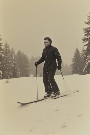 long shot, a realistic, detailed, photograph portrait, b&w black and white sepia photo, michael myers from the movie halloween is on skis son a snowy hill in the alps. snow is falling from the sky. the atmosphere is eerie and strange.