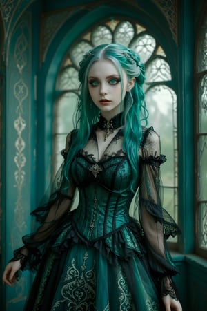 1girl,solo,full body shot of an elf gothic lolita  princess, in fairy elfe Lolita fashion. gown with intricate arabesque patterns, layers of tulle and lace. corset-style bodice. extremely long teal hair with blond streaks. Large expressive green eyes, pale skin,  Opulent palace backdrop with arched windows, silk curtains. Soft, dreamy lighting. Blend of kawaii, gothic, royal, and Arabian Nights aesthetics