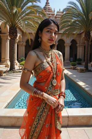 long shot, full body shot, realistic photgraphic image of young stunningly gorgeous and beautiful exotic asian indian woman in Ancient India. she has a sweet sensual closed mouth smile, stunning big green realistic eyes, rich colorful make-up and kohl on her eyes, she wears an ancient indian dress in silk, cotton and linen fabrics, which is richly and elaborately decorated, with embroidery and rich jewels, gold jewelry and ornaments, flat  sandals on her feet. her outfit and posture displays her wealth, behind her is the detailed realistic background of Ancient Indian temple expansive gounds with richly colored symmetrical Indian art, mythology and spiritual scenes decorating the walls, ancient hindu statues, small mosaic marble decorative pool with deep blue water blue, marble benches, palm, coconut, mango trees